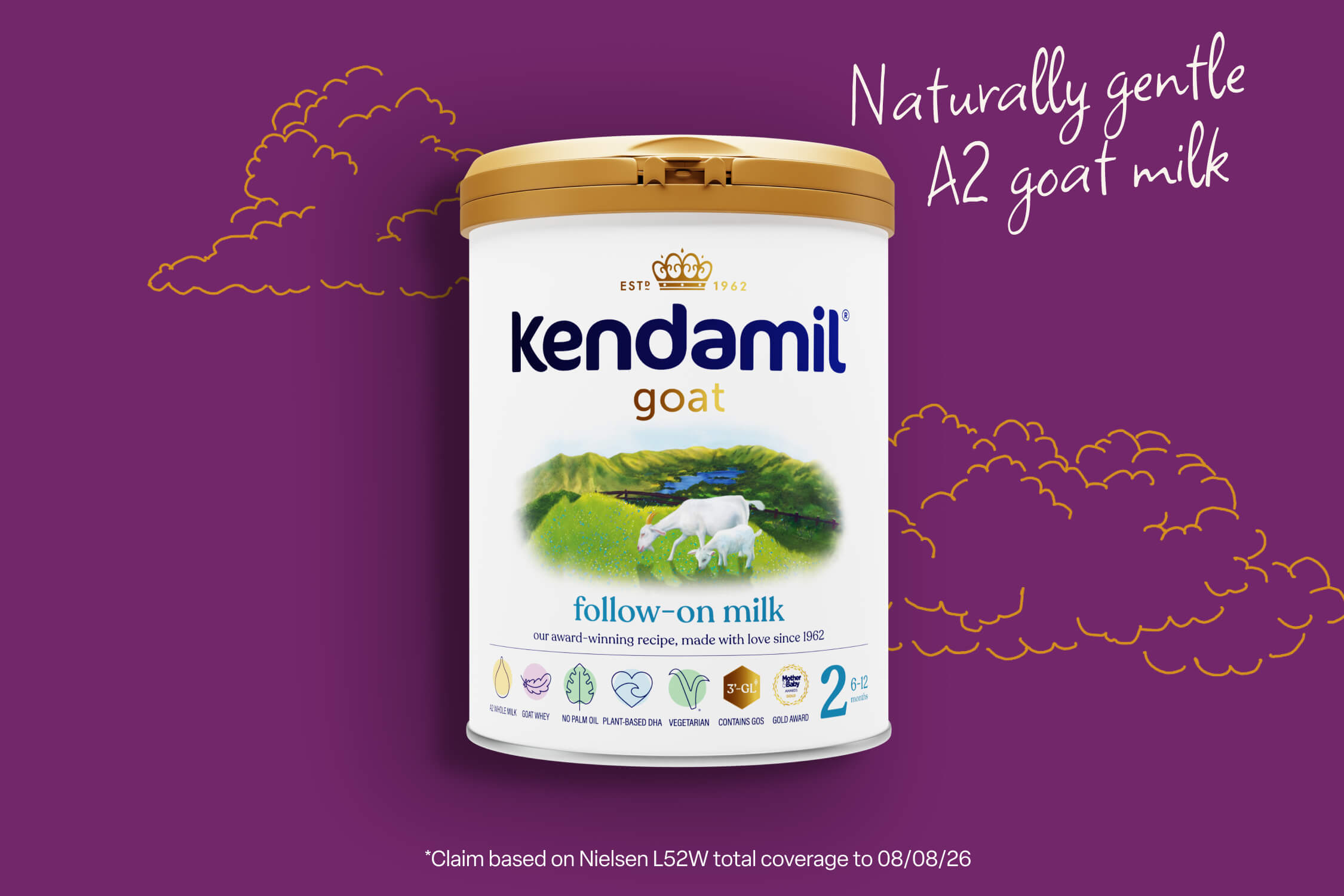 Naturally gentle A2 goat milk *Claim based on Nielsen L52W total coverage to 08/08/26