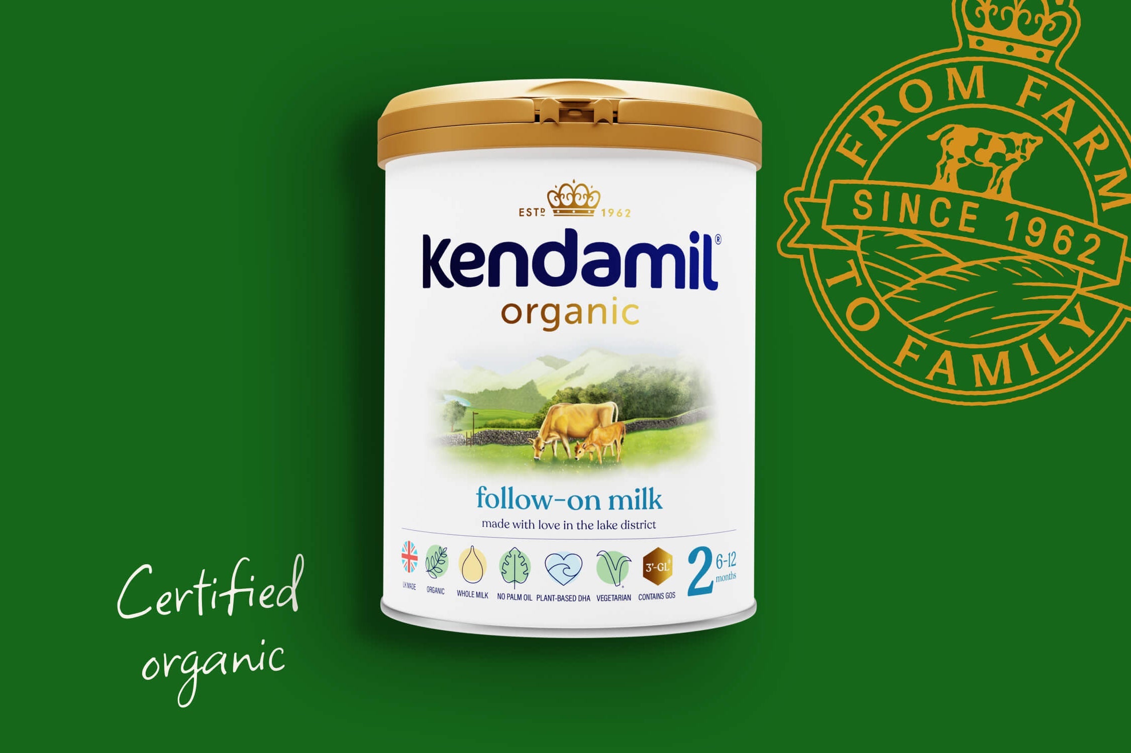 A canister of Kendamil Organic Follow-on Milk 2+ is shown against a solid green background, alongside a gold 'From Farm to Family' logo and the text 'Certified organic'.
