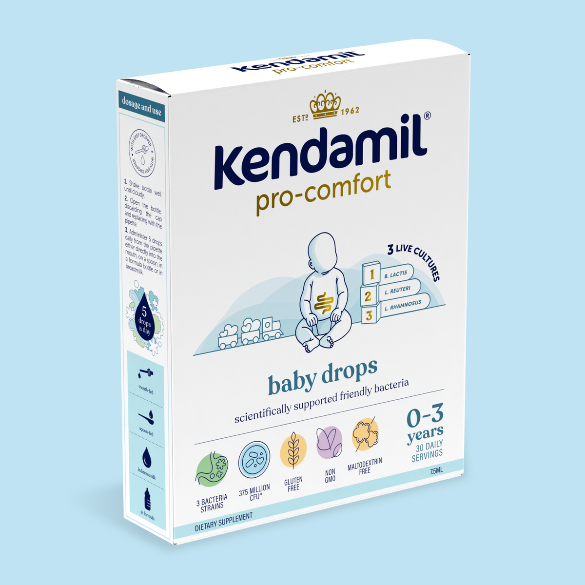 Box of Pro-Comfort Baby Drops by Kendamil, designed for ages 0-3, containing 3 live probiotic cultures to support the gut microbiome, with 30 daily servings. Packaging features a blue baby illustration and product details on a light blue background.