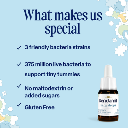 A Pro-Comfort Baby Drops bottle featuring text that highlights gut microbiome support from 3 friendly bacteria strains, 375 million live bacteria, no maltodextrin or added sugars, and gluten free. The image has a blue background with decorative elements.