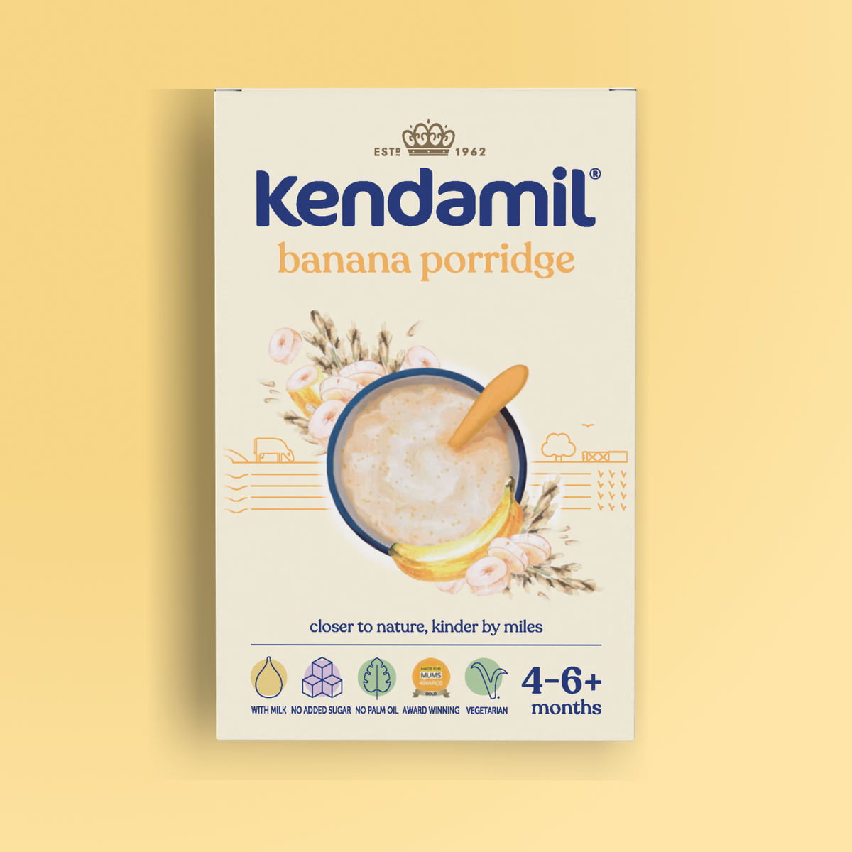 5-Pack Banana Baby Porridge (4+ months), featuring an illustrated bowl of porridge with bananas and a spoon on a yellow background. Labels highlight that it’s vegetarian, made with high quality grains, and contains no added sugar.