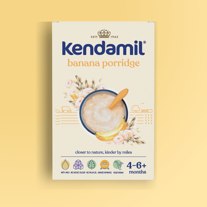 5-Pack Banana Baby Porridge (4+ months), featuring an illustrated bowl of porridge with bananas and a spoon on a yellow background. Labels highlight that it’s vegetarian, made with high quality grains, and contains no added sugar.