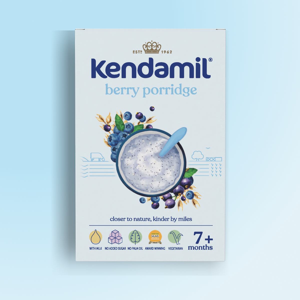 A box of Kendamil 5-Pack Berry Baby Porridge (7+ months, 25 servings), featuring a bowl of berry porridge with blueberries and premium grains on the packaging. Icons highlight that it is vegetarian, made with milk, contains no added sugar or palm oil, and showcases award-winning branding.