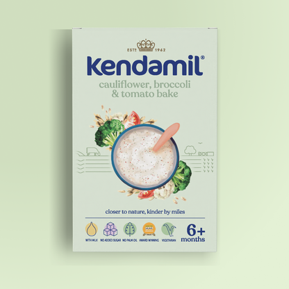 5-Pack Cauliflower, Broccoli and Tomato Bake (6+ months) baby food packaging shows a bowl with a spoon, vegetable illustrations, and icons indicating it contains milk, has no added sugar, is veggie friendly, vegetarian, and suitable for babies 6 months and older.