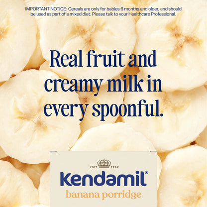 Close-up of banana slices in the background with text: Real fruit and creamy milk in every spoonful. At the bottom, a label reads: Kendamil 5-Pack Banana Baby Porridge (4+ months) with high quality grains and no added sugar.