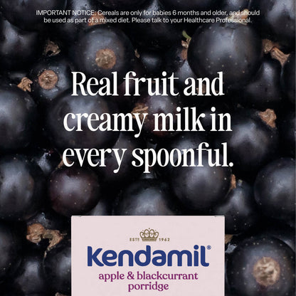 Close-up of blackcurrants in the background with text: Real fruit and creamy milk in every spoonful. A 7-Pack Apple and Blackcurrant Baby Porridge (6+ months) label, made with high quality grains, is shown at the bottom.