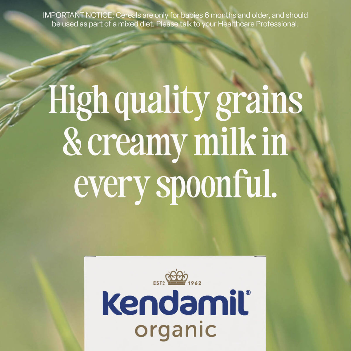 A box of Kendamil 5-Pack Organic Baby Rice (4+ months) with the text “High quality grains & creamy milk in every spoonful” on a grassy background, highlighting its sugar free baby food and organic baby rice qualities.