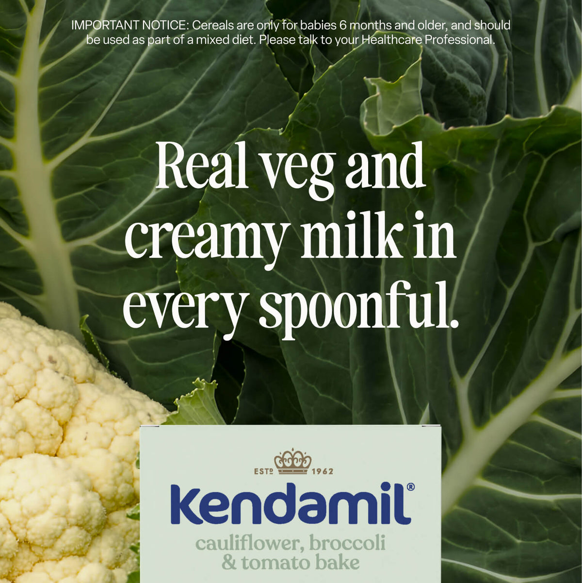 Close-up of cauliflower and broccoli leaves in the background. In the center, white text reads, Real veg and creamy milk in every spoonful. At the bottom, a 5-Pack Cauliflower, Broccoli and Tomato Bake (6+ months) baby cereal package is visible, highlighting this veggie friendly choice.