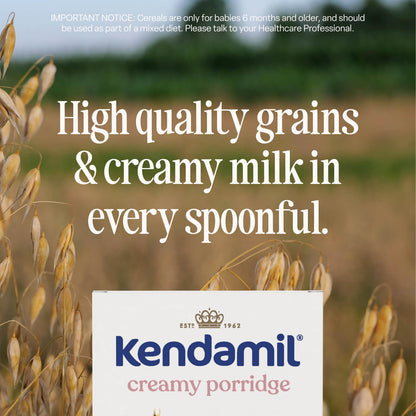 A field of grains with text: High quality grains & creamy milk in every spoonful. 5-Pack Creamy Baby Porridge (6+ months) box shown at the bottom, highlighting delicious baby porridge with no added sugar.