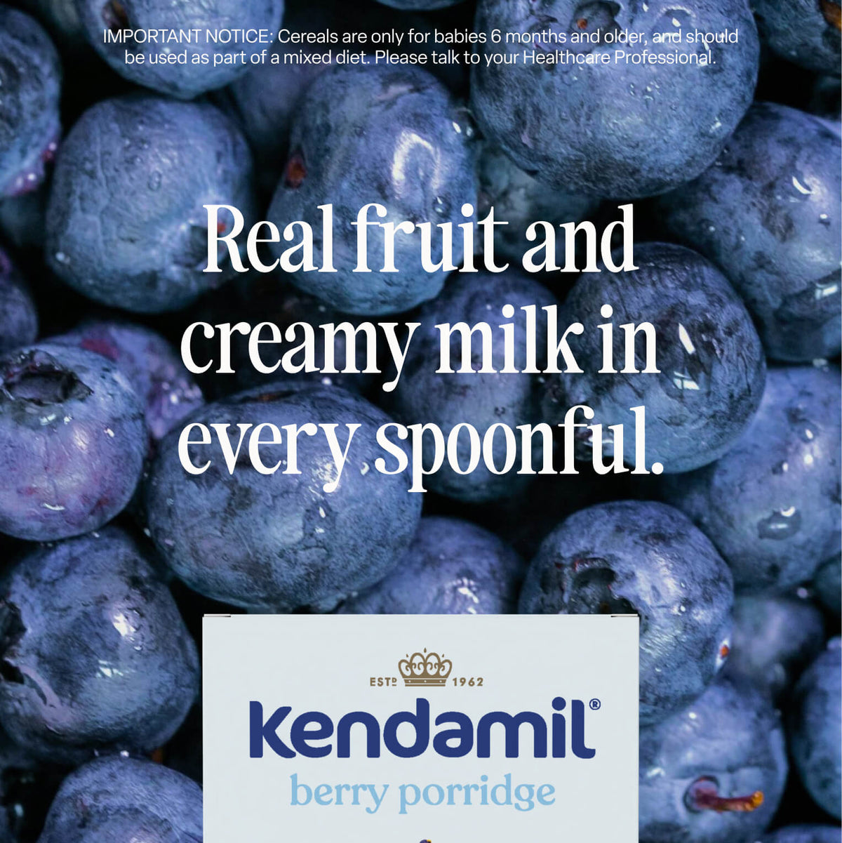 Close-up of fresh blueberries with the text Real fruit and creamy milk in every spoonful. The 5-Pack Berry Baby Porridge (7+ months, 25 servings) packaging from Kendamil—featuring high-quality grains and no added sugar—is visible at the bottom of the image.