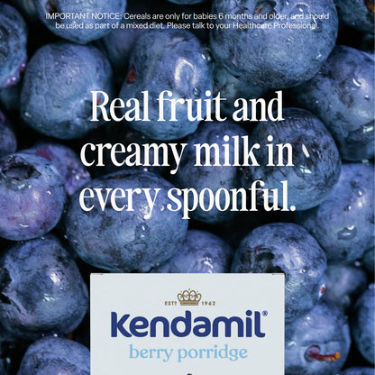 Close-up of fresh blueberries with the text Real fruit and creamy milk in every spoonful. The 5-Pack Berry Baby Porridge (7+ months, 25 servings) packaging from Kendamil—featuring high-quality grains and no added sugar—is visible at the bottom of the image.