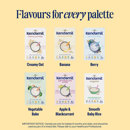 Seven boxes of Kendamil Banana Baby Porridge (suitable for 6+ months), each made with high quality grains and no added sugar, are displayed under the heading Flavours for every palette.