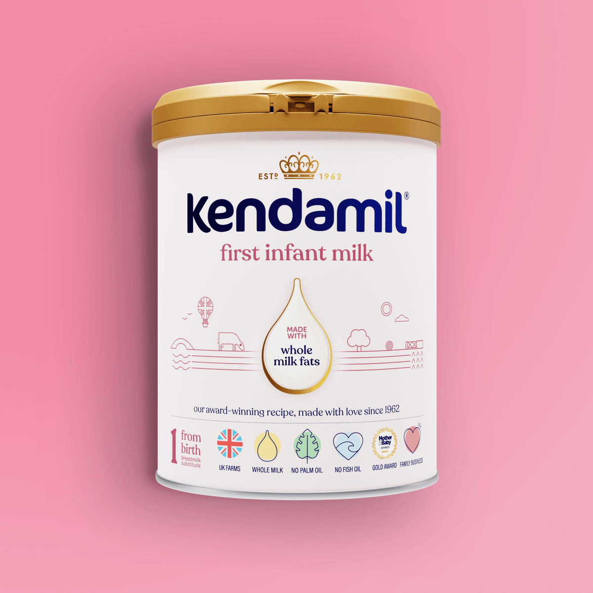 A tin of Kendamil Classic First Infant Milk with a gold lid sits on a pink background. The label highlights whole milk fats from grass-fed cows, UK origins, and icons for key ingredients and benefits for infants from birth.