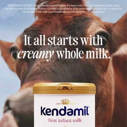 A close-up of a cow with the text “It all starts with creamy whole milk.” Below is a container of Kendamil Classic First Infant Milk with a gold lid, highlighting that it’s made from whole milk infant formula sourced from grass-fed cows. A breastfeeding notice appears at the top.