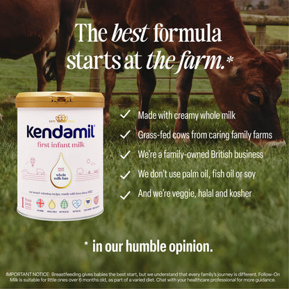 A tub of Classic First Infant Milk is shown in front of grazing cows. Text highlights the formula’s features, such as being made from the milk of grass-fed cows, containing no palm oil, and being suitable for vegetarians as well as certified halal and kosher.