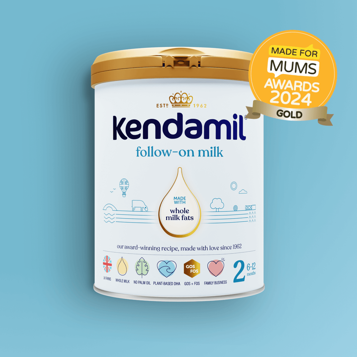 A tin of Classic Follow-On Milk with a gold Made for Mums Awards 2024 badge on a blue background. The tin displays icons showing it is made from whole milk formula, is vegetarian, contains plant-based DHA, and is suitable for babies aged 6-12 months.