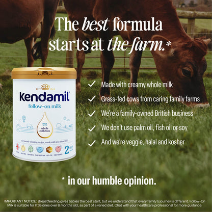 A can of Classic Follow-On Milk sits in front of a cow grazing on grass. Text highlights the product’s benefits, including creamy whole milk formula, grass-fed cows, and that it’s palm oil, fish oil, and soy free. Now with plant-based DHA.