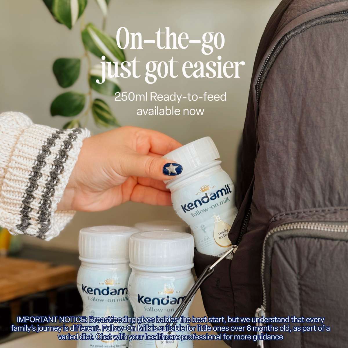 A hand places a small bottle of Classic Follow-On Milk, made with whole milk formula and plant-based DHA, into a grey bag, with more bottles nearby. Text highlights its convenience and availability.