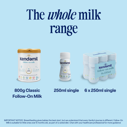 Kendamil milk products including a 800g Classic Follow-On Milk container, a 250ml single bottle, and a pack of 6 x 250ml single bottles on a light blue background.