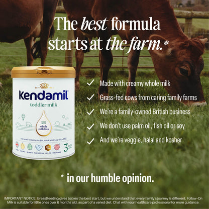 A container of Classic Toddler Milk rests on grass while a cow grazes in the background. Text highlights features such as creamy whole milk, grass-fed cows, family-owned production, no palm oil, fish or soy, plant-based DHA, and suitability for vegetarian, halal, and kosher diets.