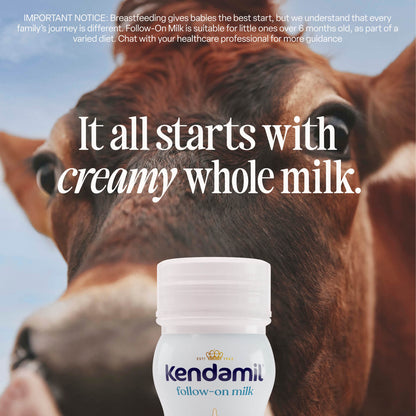 A close-up of a grass-fed cow’s face in the background with a bottle of 18x250ml Classic Follow-On Ready to Feed in the foreground. Text reads, It all starts with creamy whole milk.