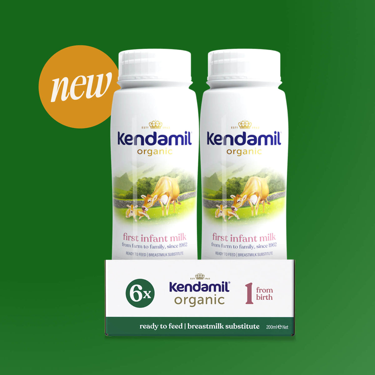 Six bottles of Kendamil 6x200ml Organic Ready to Feed First Infant Milk, a whole milk formula from grass-fed cows, are displayed on a green background with a yellow “new” circle. The packaging indicates it is ready to feed, comes in a pack of six bottles, and is suitable as a breastmilk substitute from birth.