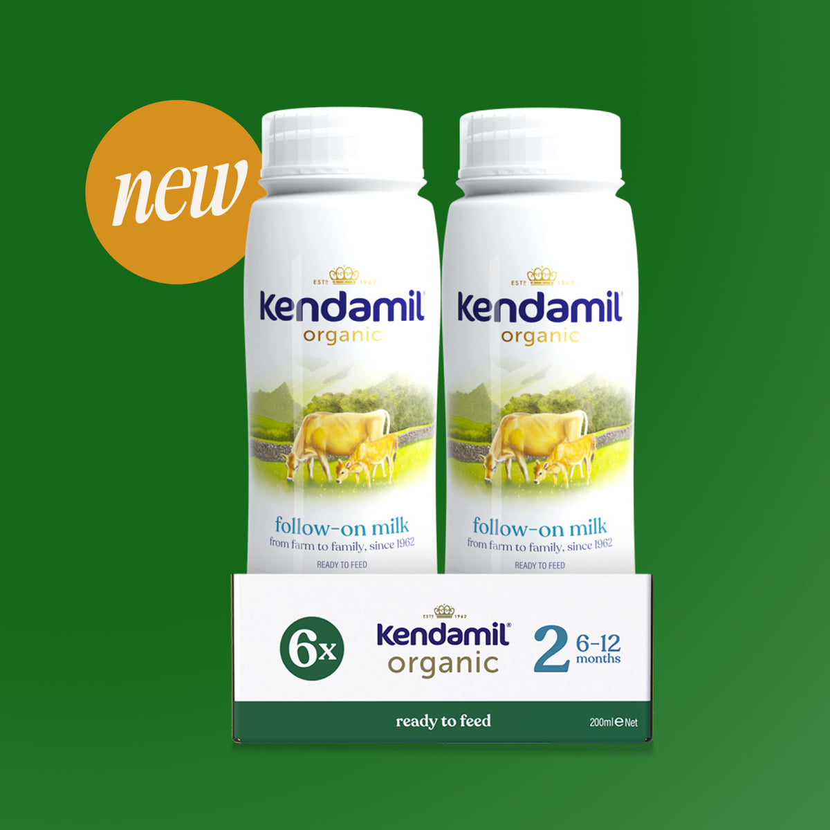 Two bottles of Kendamil 6x200ml Organic Ready to Feed Follow On Milk, suitable for 6-12 months and made from the milk of grass-fed cows, are displayed in front of their box packaging with “new” in an orange circle on a green background.