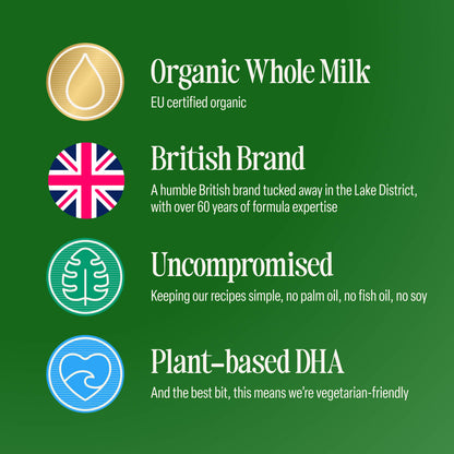 Infographic featuring icons and text on a green background: 6x200ml Organic Ready to Feed Follow On Milk, British Brand, Uncompromised Quality, Plant-based DHA, and organic follow-on milk—each highlighted with its own symbol to promote the benefits of this baby formula.