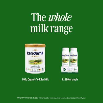 Certainly! Here’s a rewritten version of your sentence, incorporating the provided product data: Kendamil 6x200ml Organic Ready to Feed Toddler Milk on a green background, featuring the text The whole milk range. Made from organic toddler milk and grass-fed whole milk, this product is enriched with vitamins to support your little one’s growth.