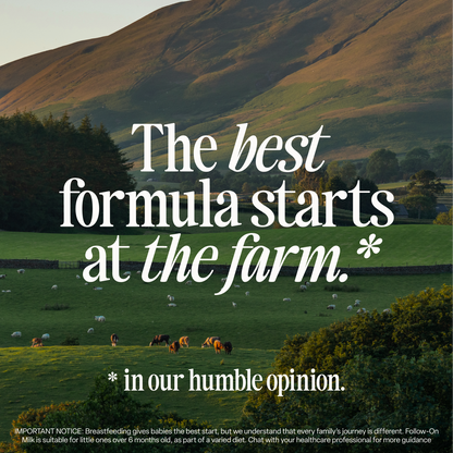 A green field with cows grazing, overlooked by hills at sunset. Text reads: The best formula starts at the farm.* *in our humble opinion. Small text notes breastfeeding recommendations. Featuring the Classic Saver Bundle with plant-based DHA.