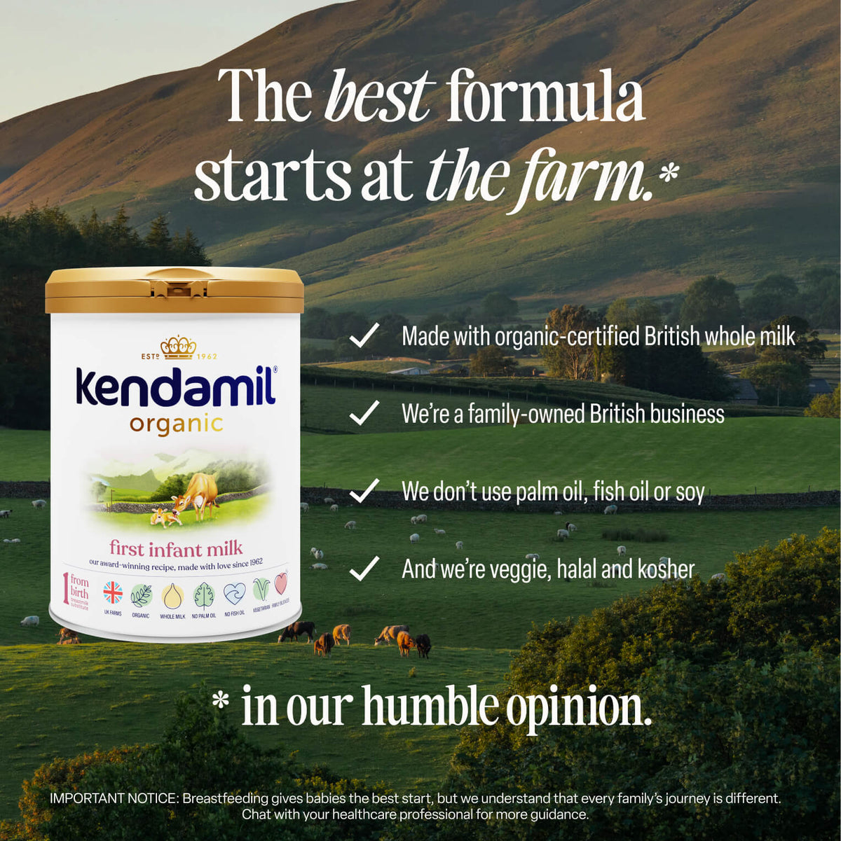 A can of Organic First Infant Milk set against a rolling countryside background, with text listing features including whole milk, no palm oil, and its vegetarian, halal, and kosher status.