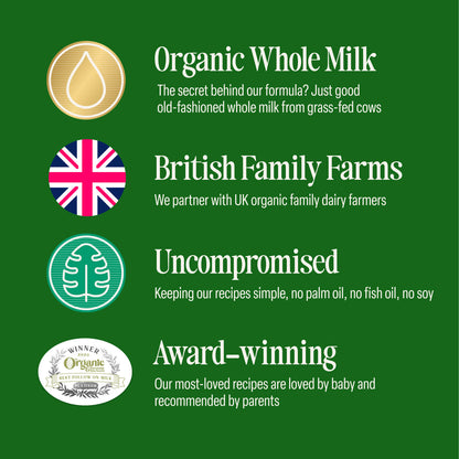 Green graphic with icons and text: Organic Follow-On Milk, British Family Farms, Uncompromised, and Award-winning. Each heading is paired with a relevant symbol and details about organic quality, grass-fed cows, farming practices, and recipe standards for follow-on milk formula.