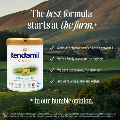 A tin of Organic Follow-On Milk set against a cow pasture with text highlighting that it is made with British whole milk, contains no palm oil, fish oil, or soy, and is vegetarian, halal, and kosher.