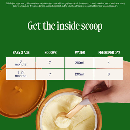 A hand scoops Organic Follow-On Milk powder from an open container. An overlay displays a feeding guide chart for babies aged 6 to 12 months, including information on number of scoops, water quantity, and recommended feeds per day.