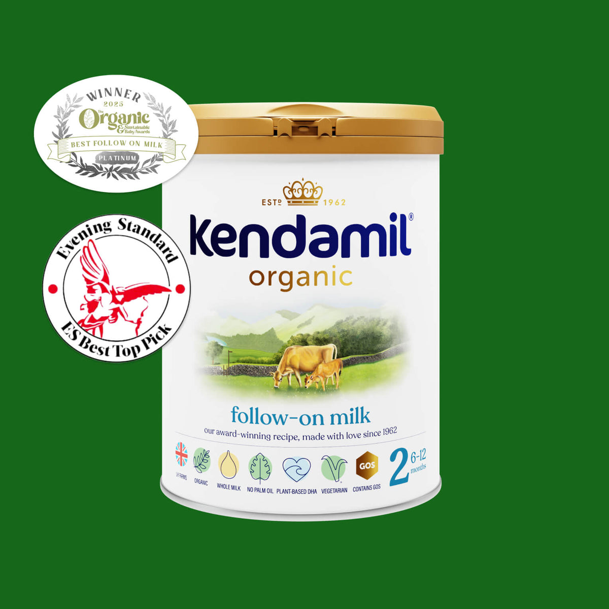 A can of Organic Follow-On Milk is centered on a green background, with award badges for Best Follow On Milk and Evening Standard ES Best Top Pick displayed in the top left corner. Made from whole milk formula sourced from grass-fed cows, this product highlights quality and nutrition for your baby.
