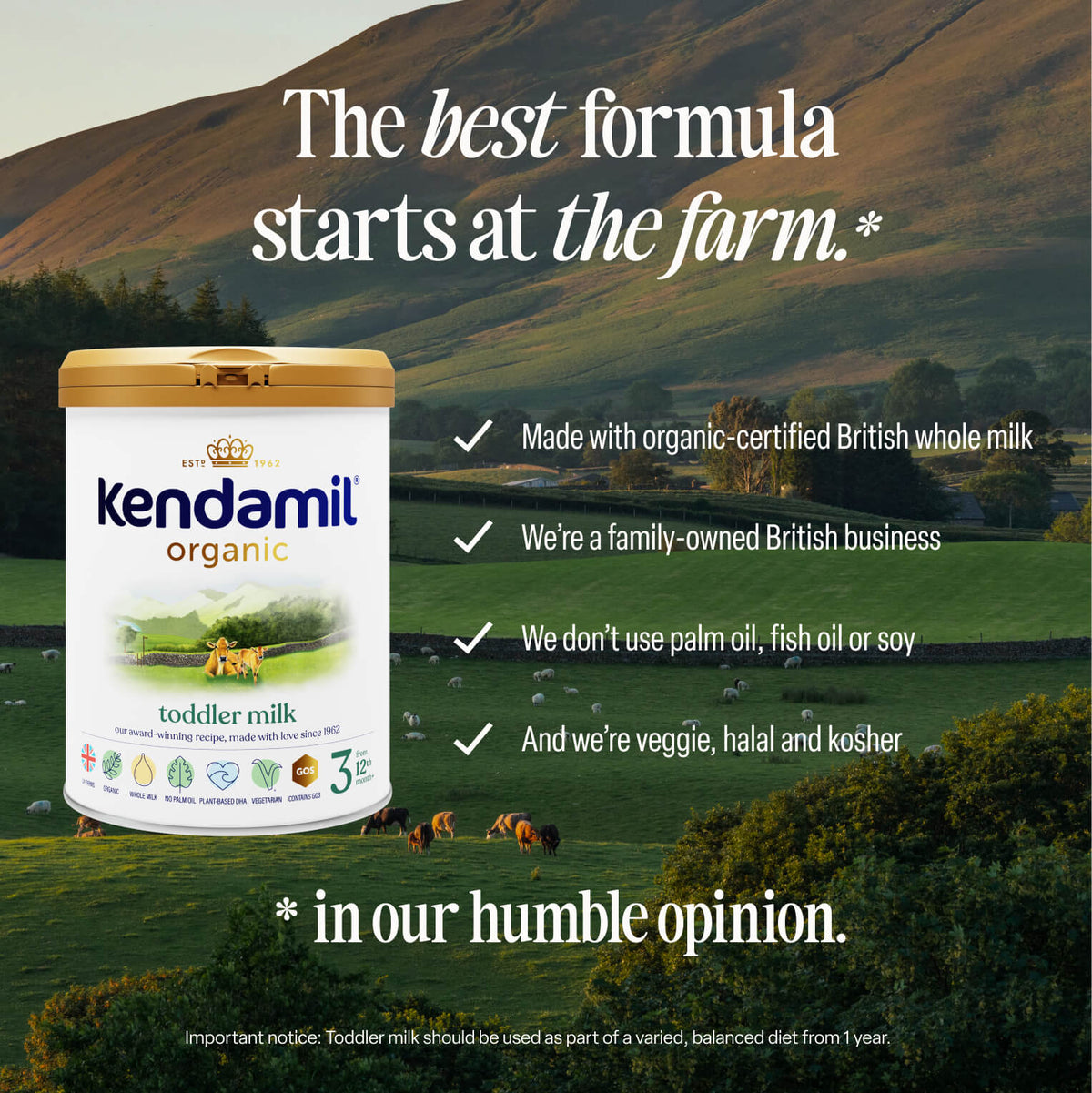 Organic Toddler Milk centered in front of a hillside pasture with grass-fed cows, featuring a list of four quality standards and the headline, The best formula starts at the farm.
