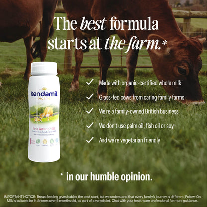 A pack of 6x200ml Organic Ready to Feed First Infant Milk sits on grass with grass-fed cows grazing in the background, alongside a list of product benefits including a whole milk formula and vegetarian-friendly ingredients.