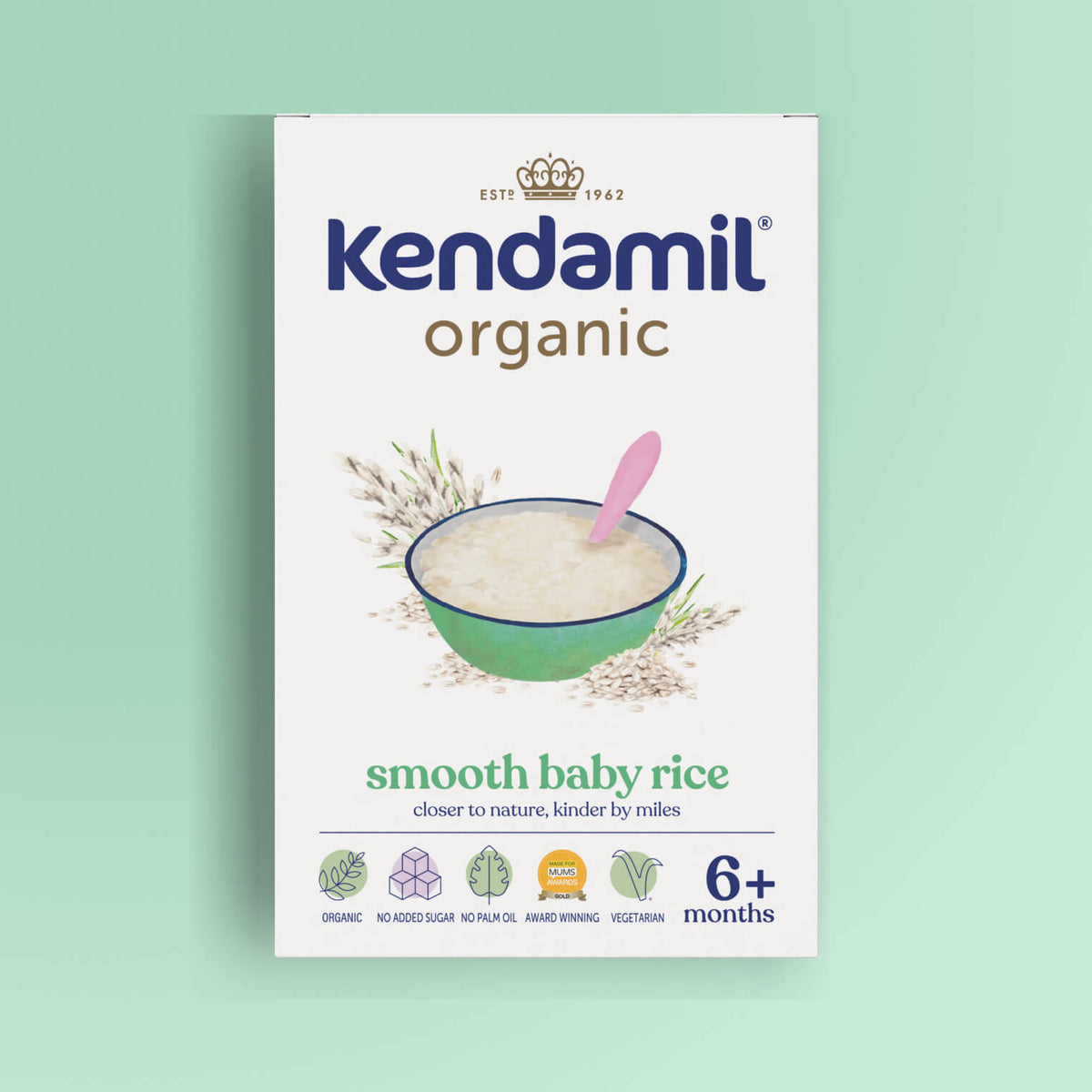 A 7-Pack of Organic Baby Rice (6+ months) for babies, featuring a green bowl with rice and a pink spoon, plus icons indicating organic, no added sugar, high-quality grains, award-winning, and vegetarian.