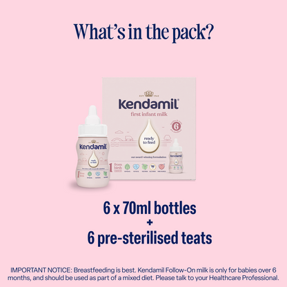 Classic Ready to Feed 70ml Starter Pack displayed with both a bottle and a box. Text: Includes 6 x 70ml bottles plus 6 pre-sterilised teats—ideal for your hospital bag. “What’s in the pack?” is highlighted, with a breastfeeding notice featured at the bottom.