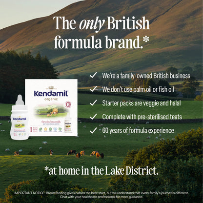 The Organic Ready to Feed First Infant 6x70ml Starter Pack is displayed in front of a scenic Lake District landscape with grazing, grass-fed cows, showcasing its organic whole milk formulation and emphasizing its British, family-owned heritage.