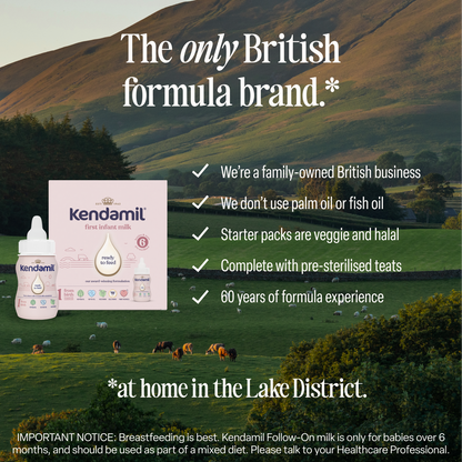 A box and bottle of Classic Ready to Feed 70ml Starter Pack are pictured against the scenic Lake District hills. The text highlights that Kendamil is a British family-owned brand with 60 years of experience, free from palm and fish oils, and features convenient pre-sterilised teats—ideal for your hospital bag. Includes a note about breastfeeding recommendations.