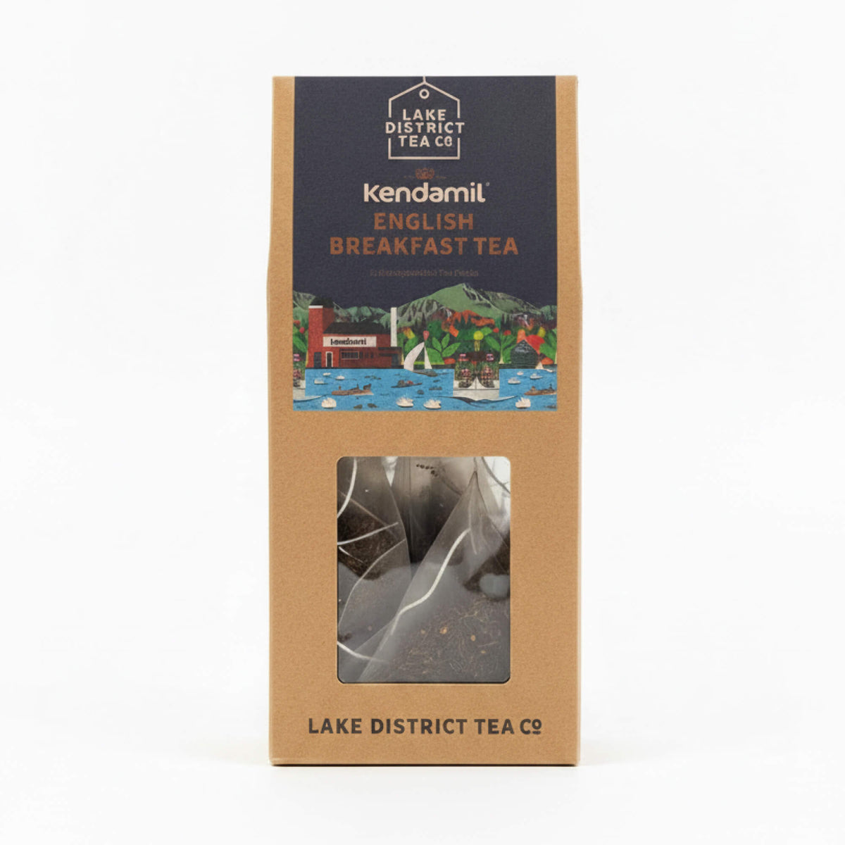 A box of Kendamil x Lake District Breakfast Tea, featuring a small window displaying the tea bags and vibrant lakeside artwork on the packaging. This full-bodied blend combines Assam, Ceylon, and Kenyan teas for a rich, satisfying flavor.