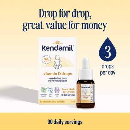 A box and bottle of Vitamin D Drops are displayed, highlighting 3 drops per day, 90 daily servings, and great value for money.
