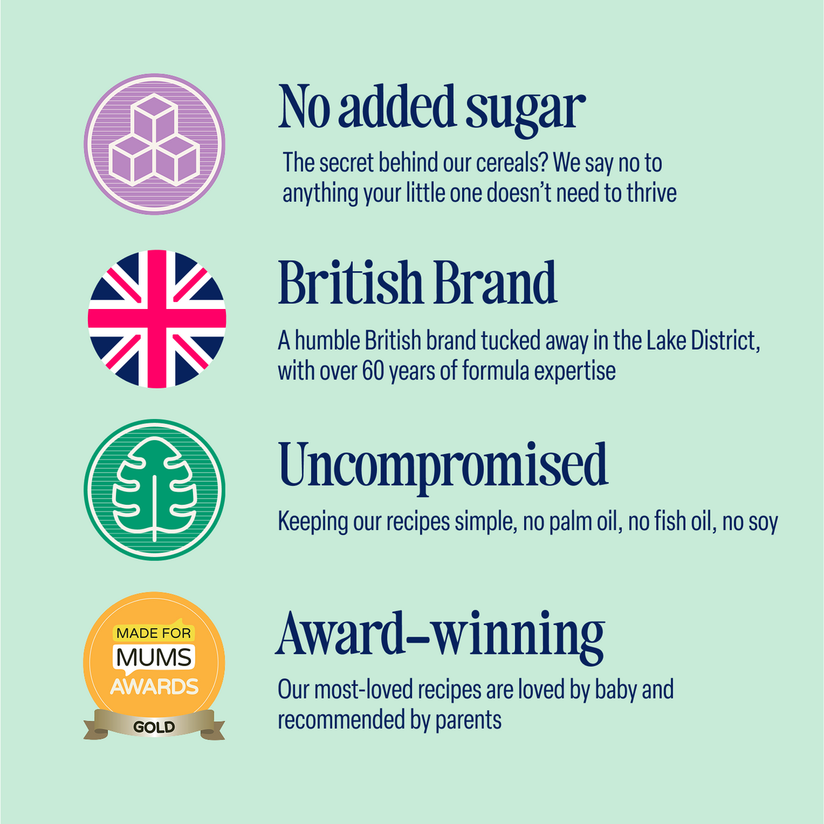 Here’s your rewritten sentence using the product data: Four colorful icons with headings—No Added Sugar, British Brand, Uncompromised Quality, and Award-Winning—highlight features of the 5-Pack Organic Baby Rice (suitable from 4+ months). Each icon is paired with a brief explanation and a vibrant symbol illustrating benefits such as being sugar free and made with high quality grains.