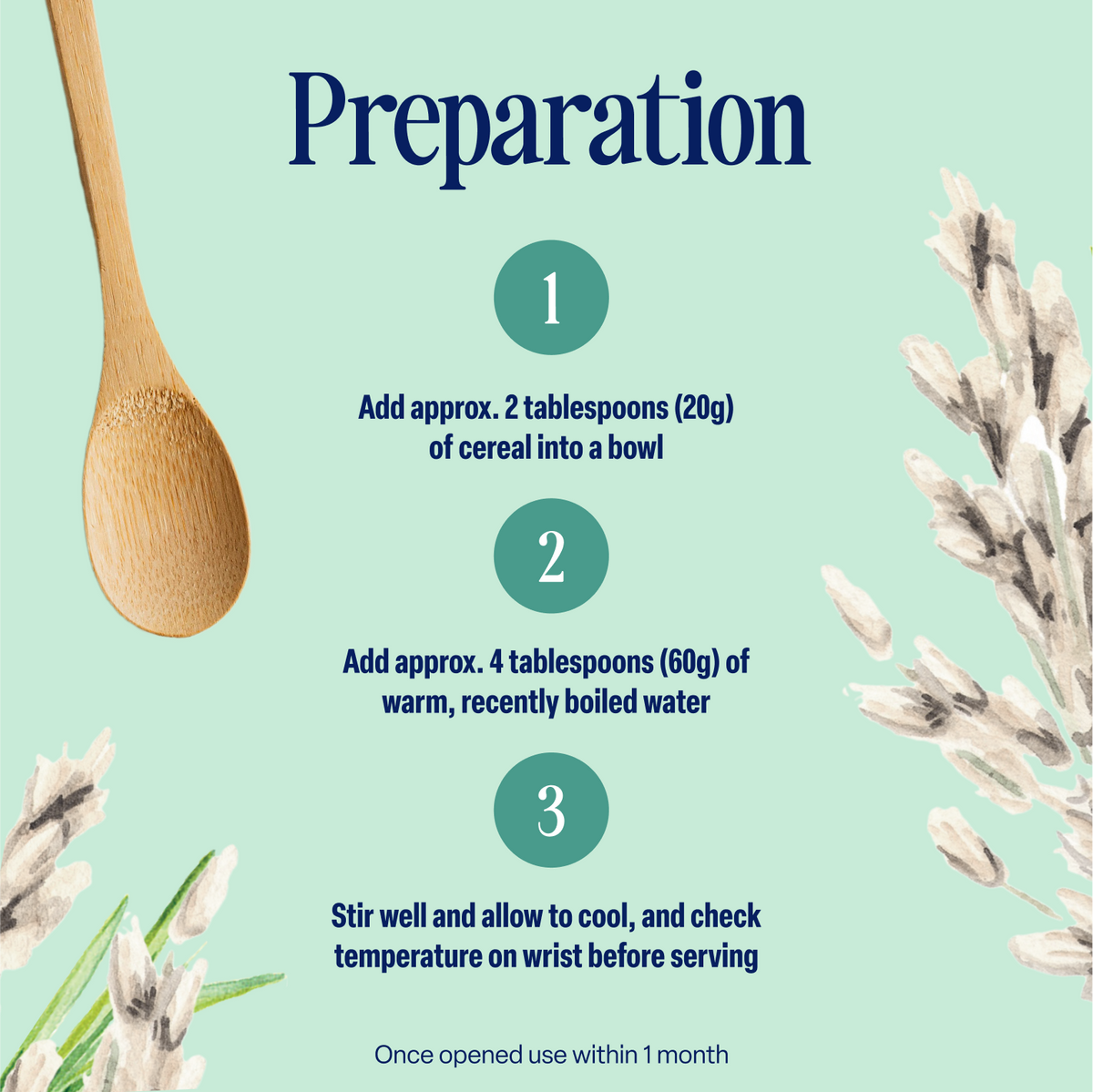 A wooden spoon and illustrated herbs frame step-by-step instructions for preparing the 5-Pack Organic Baby Rice (4+ months): add high quality grains to a bowl, mix with hot water, stir, cool, and check temperature before serving. Use within one month of opening for this sugar free baby food.