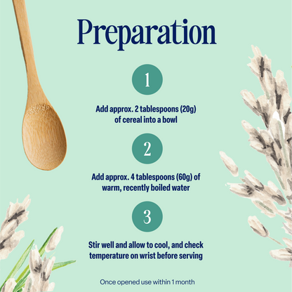 A wooden spoon and illustrated herbs frame step-by-step instructions for preparing the 5-Pack Organic Baby Rice (4+ months): add high quality grains to a bowl, mix with hot water, stir, cool, and check temperature before serving. Use within one month of opening for this sugar free baby food.