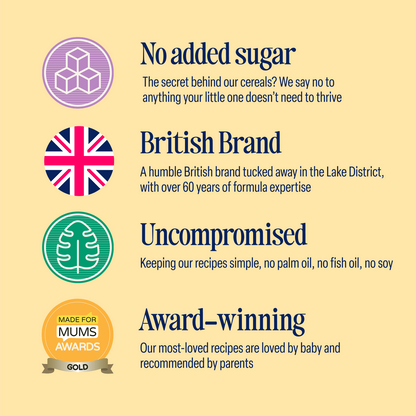 Infographic listing features for 5-Pack Banana Baby Porridge (4+ months): - No added sugar - Proudly a British brand - Uncompromised recipes: free from palm oil, fish oil, and soy - Made with high quality grains - Award-winning product Each feature is paired with a relevant icon.