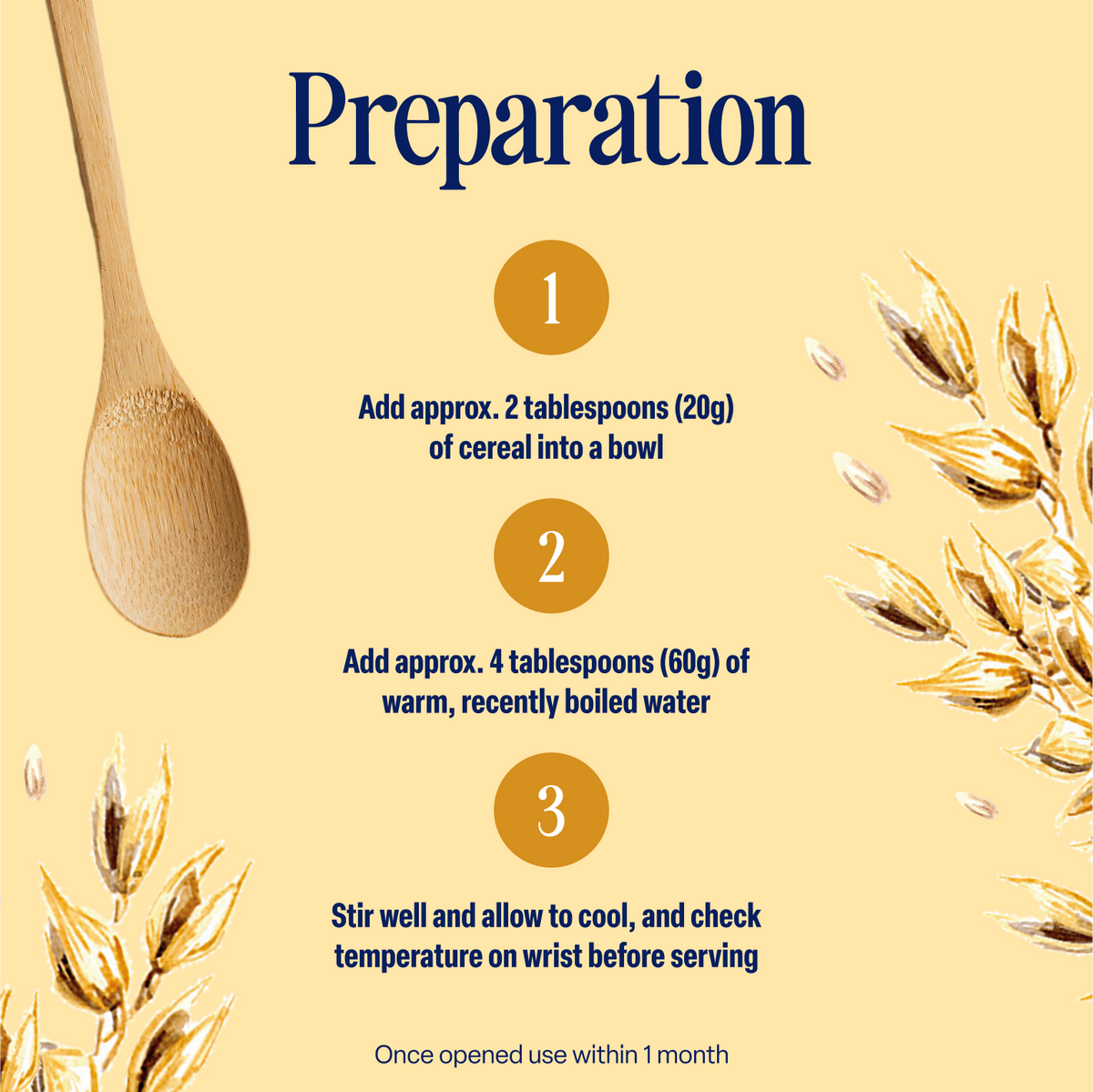 A preparation guide for the 5-Pack Banana Baby Porridge (4+ months) features a wooden spoon, oat-themed designs, and a simple three-step process: add high quality grains, pour in warm water, and stir. Allow to cool and check the temperature before serving. The packaging notes to use within 1 month of opening. Ideal for making delicious banana porridge with no added sugar.