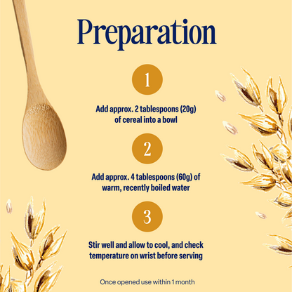 A preparation guide for the 5-Pack Banana Baby Porridge (4+ months) features a wooden spoon, oat-themed designs, and a simple three-step process: add high quality grains, pour in warm water, and stir. Allow to cool and check the temperature before serving. The packaging notes to use within 1 month of opening. Ideal for making delicious banana porridge with no added sugar.