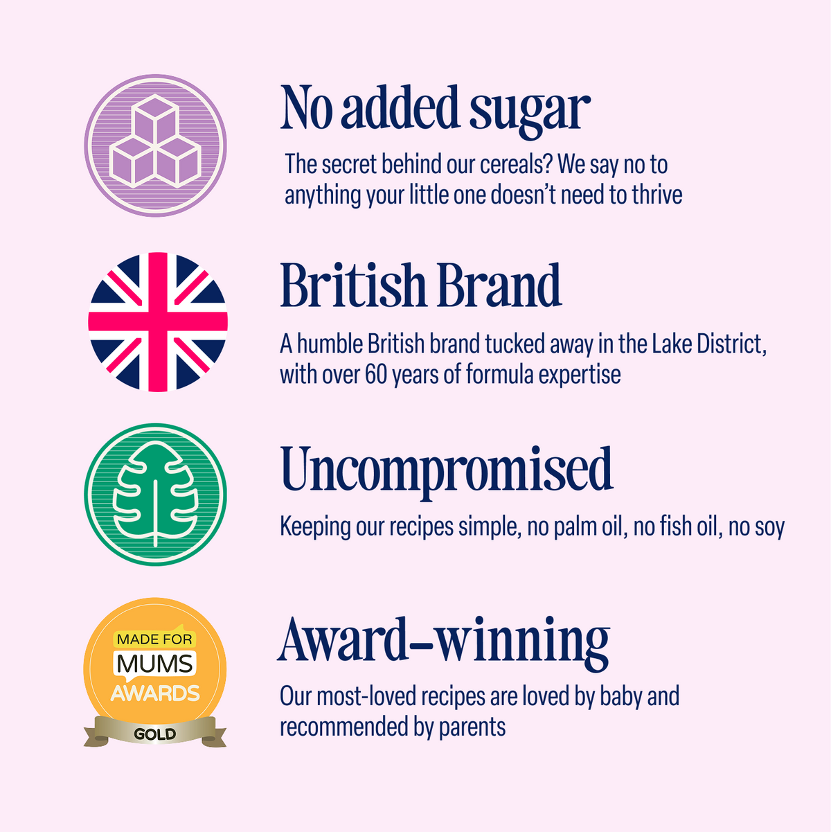 Infographic highlighting four key features of the 5-Pack Apple and Blackcurrant Baby Porridge (6+ months): No added sugar, British brand, uncompromised quality, and award-winning. Made with high-quality grains and no palm oil, this porridge is a gold Mums Award winner.